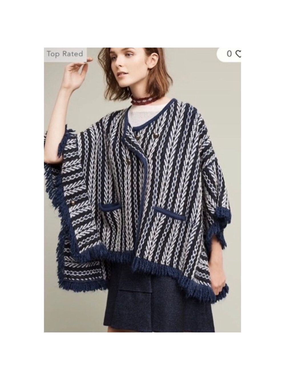 Sleeping On Snow Anthropologie Tajo Jacquard Poncho Cape Fringe O/S - Picture 3 of 13